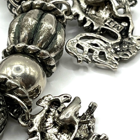 Dragon Charm Bracelet Stretch MJ Enterprises 80s Dark Silver Tone Vintage 8” - Picture 7 of 12